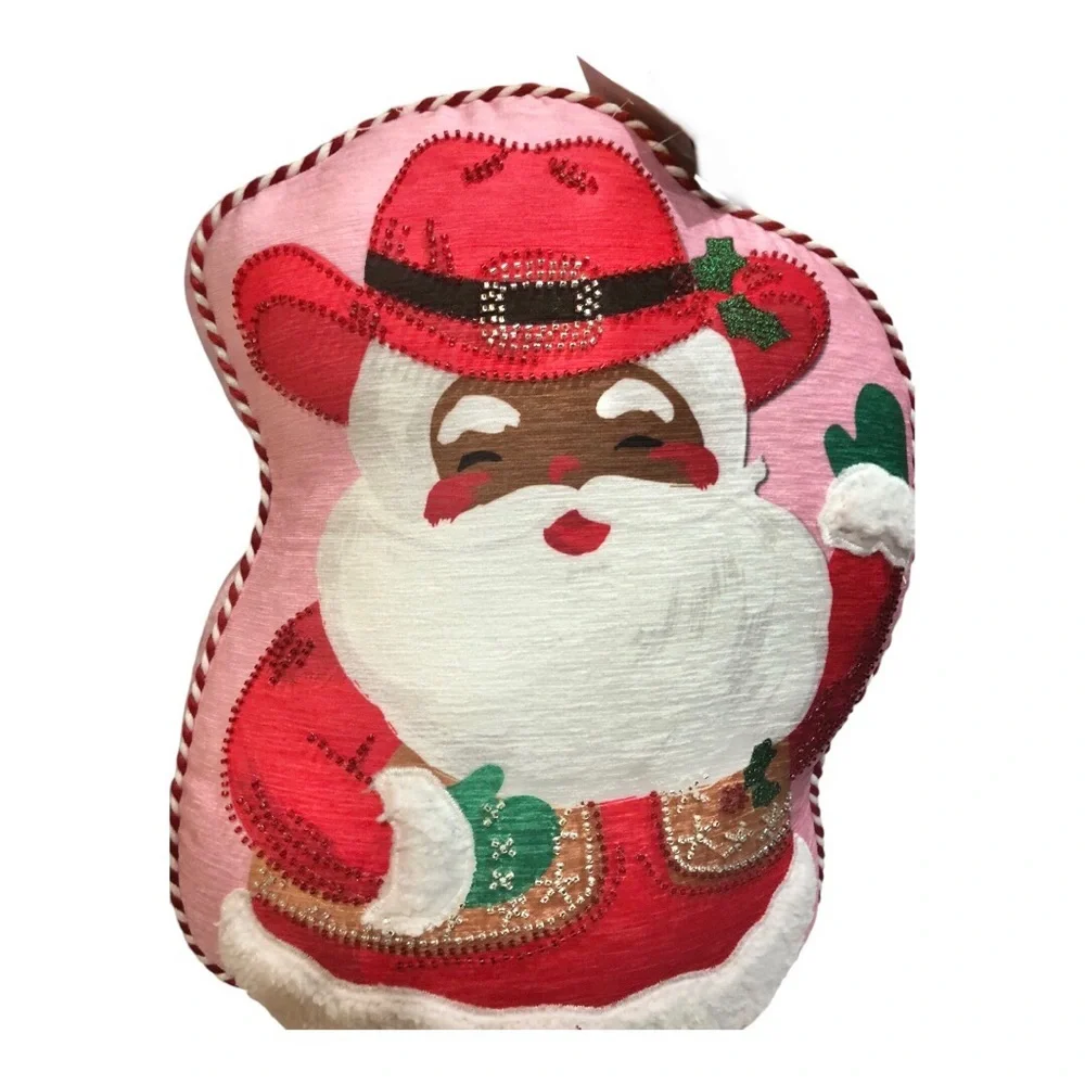 Isaac Mizrahi Christmas embellished festive cowboy western Santa pink pillow new